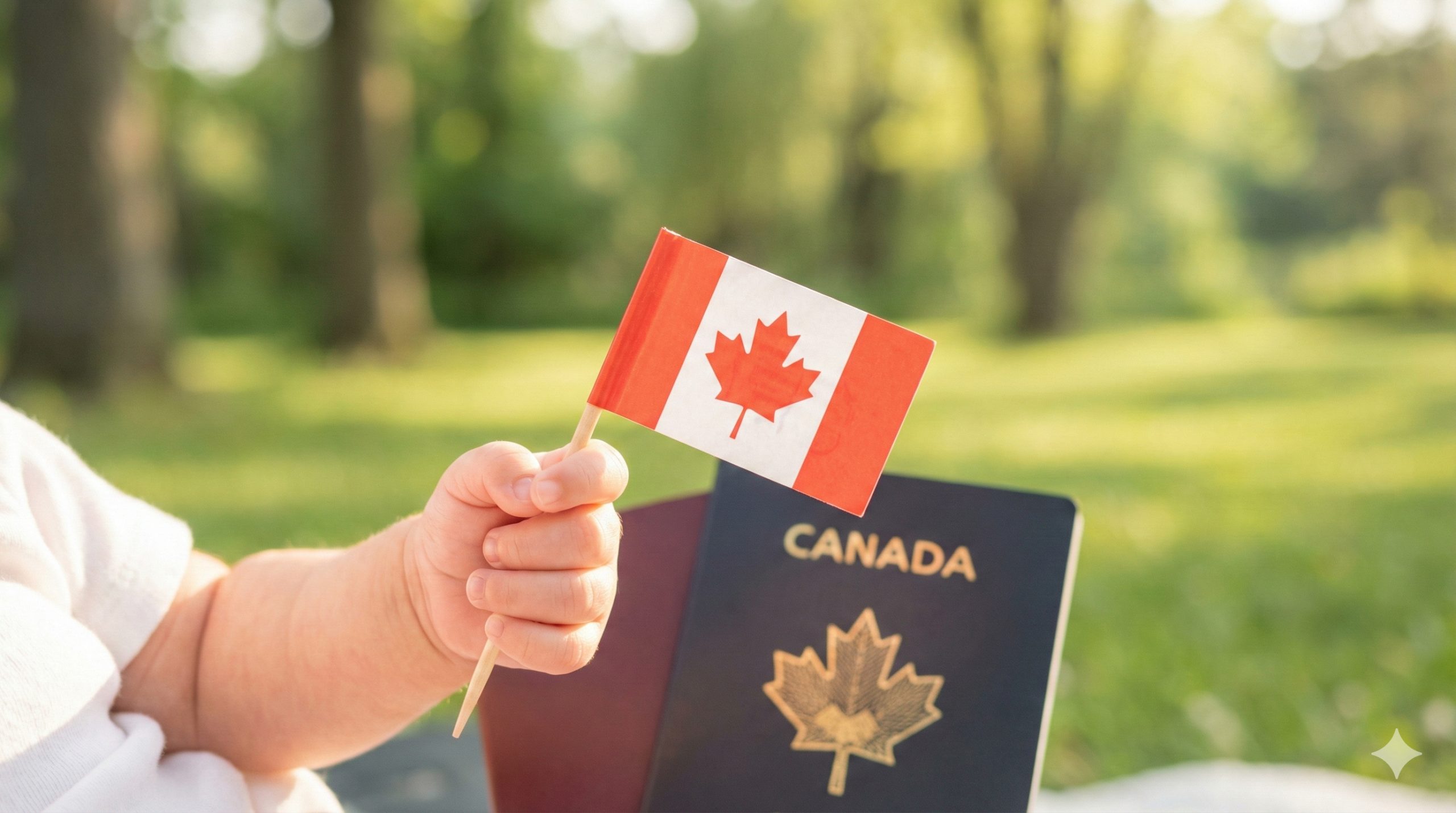 体现加拿大国籍优势与多元文化的图片。画面特写一只婴儿的小手紧握着一面小型的加拿大国旗，或者旁边放着一本加拿大护照。背景可以是模糊的多伦多公园绿地，阳光明媚。整体风格清新自然，寓意着宝宝出生即获得的加拿大公民身份（Jus Soli）以及光明的未来。