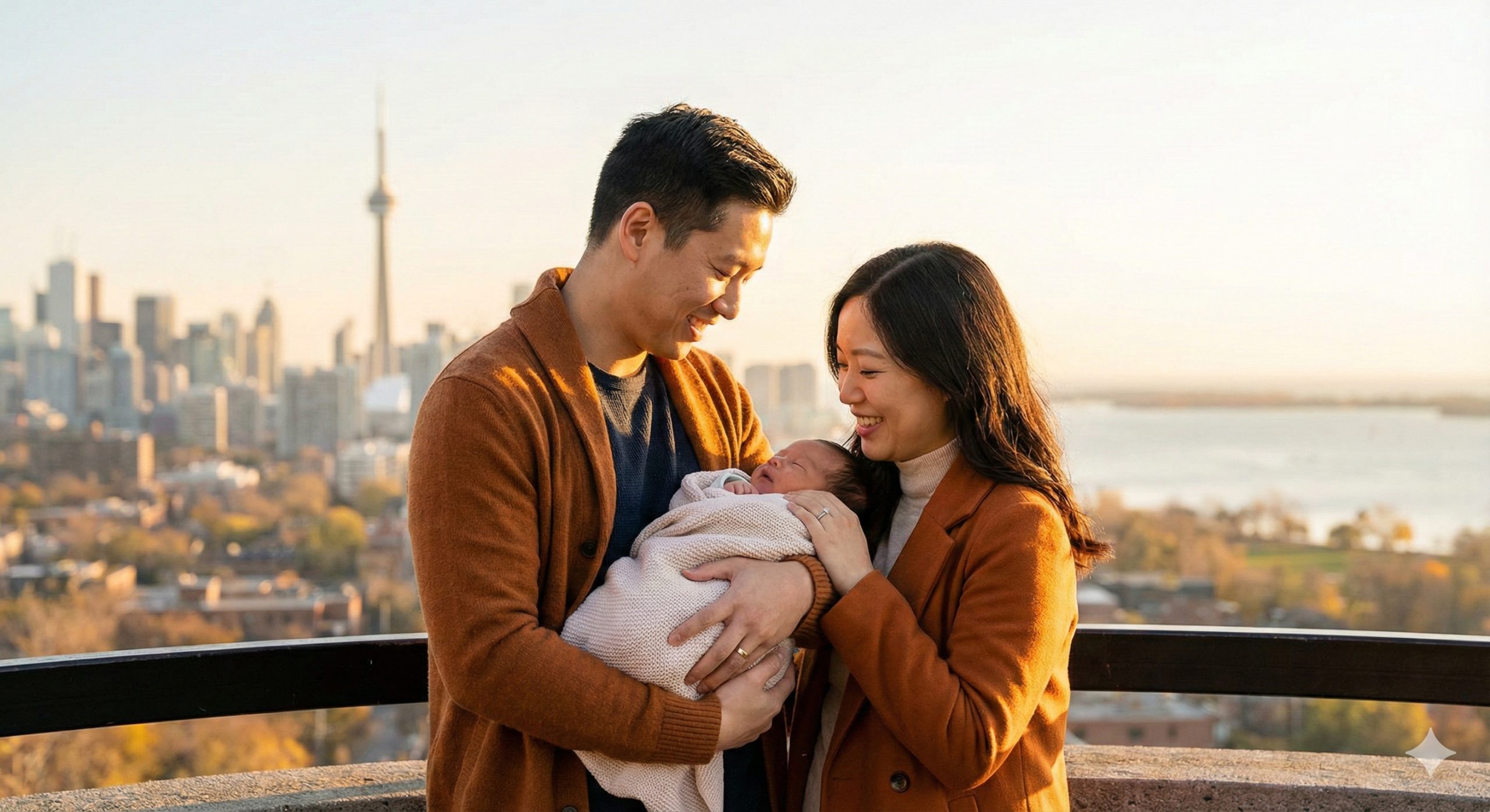 一张充满温情与希望的高清封面图。画面展示一对幸福的亚裔夫妇在多伦多标志性的天际线（包含CN塔）背景前，温柔地抱着一个新生婴儿。光线采用黄金时刻的暖光，营造出温馨、安全和新生的氛围。构图聚焦于人物的情感交流，背景轻微虚化，体现出'多伦多代孕中心'作为实现家庭梦想之地的专业与关怀。