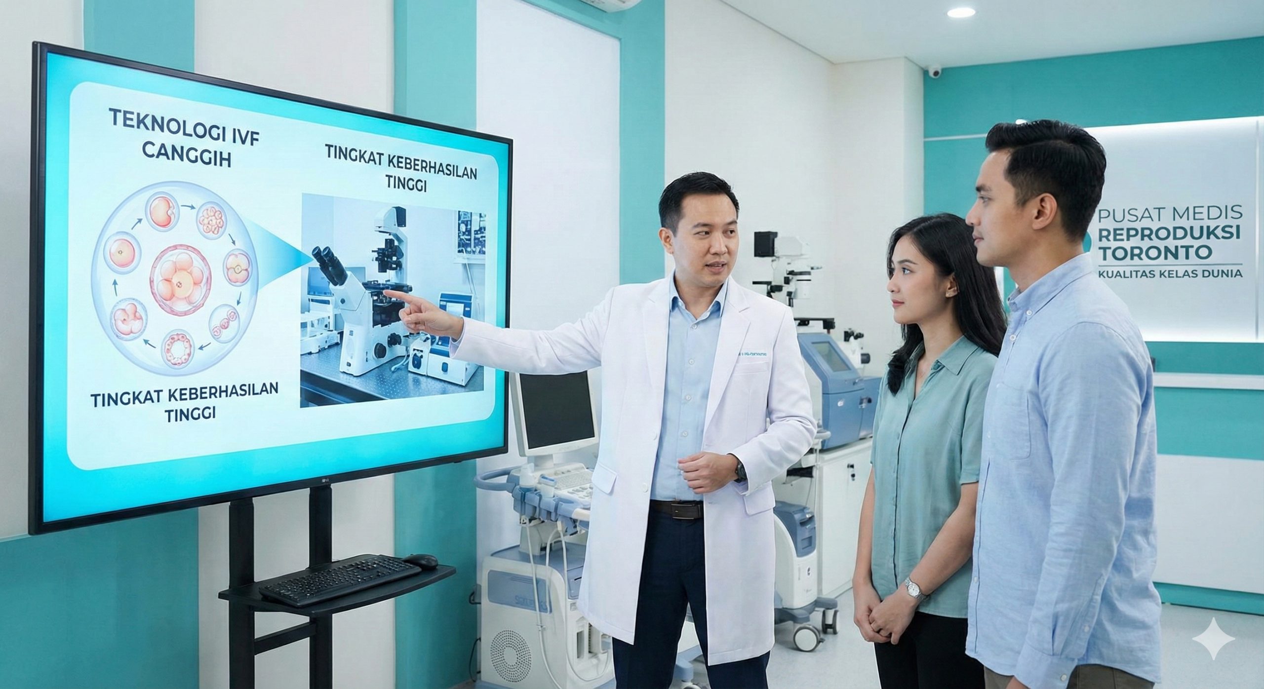 展示世界级医疗质量的功能性图片。画面描绘了一个现代化的多伦多生育诊所内部，一位穿着白大褂的专业医生正在向客户展示高科技的IVF实验室设备或胚胎发育图。色调以洁净的白色和令人安心的医疗蓝为主，强调科学、精准和高成功率，突显加拿大顶尖的生殖医疗技术。