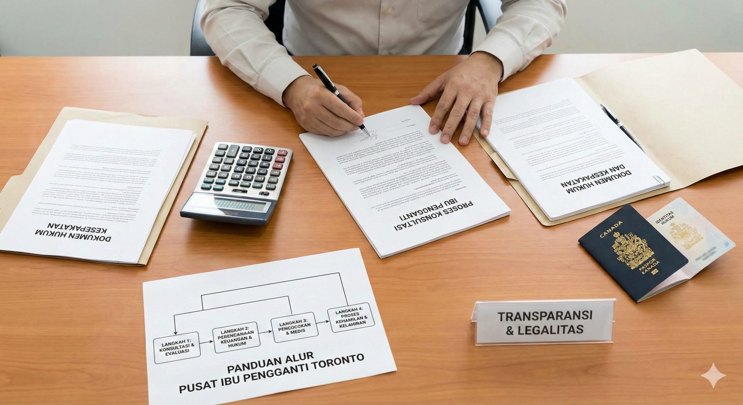 一张表现咨询与规划过程的教程类图片。画面采用俯拍或侧拍视角，展示在一张整洁的办公桌上，放着法律文件、计算器和一本加拿大护照，一双成人的手正在签署文件或指着流程图。光线明亮清晰，象征着流程的透明度、法律保障以及'代孕合法化'的规范性操作步骤。