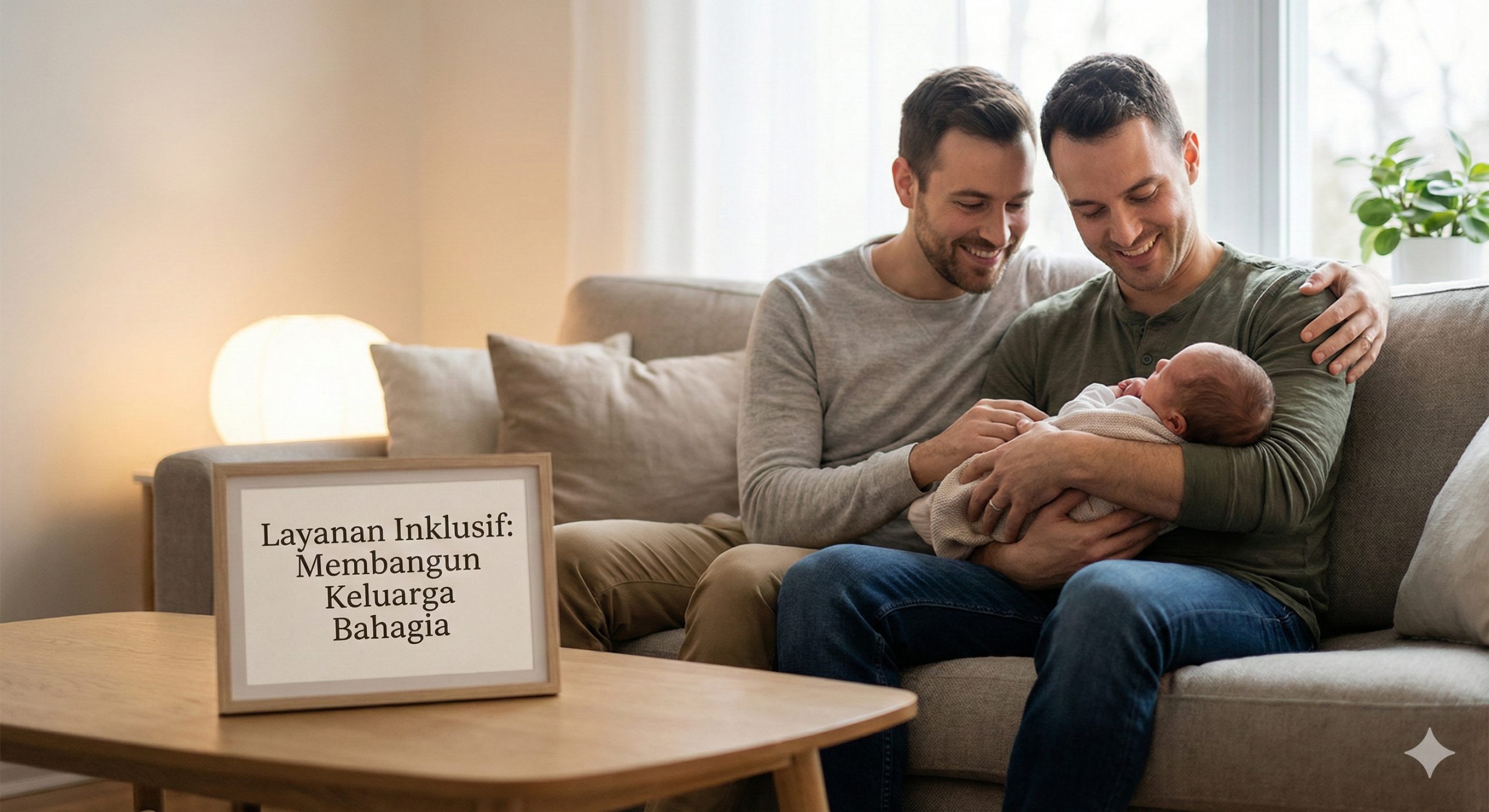 一张展示包容性与最终圆梦的总结性图片。画面展示一对同性伴侣（两名男性）在家中沙发上幸福地看着他们的新生儿，体现'Layanan Inklusif'（包容性服务）。画面充满情感张力，色彩柔和温馨，传达出无论家庭形式如何，都能通过多伦多代孕中心获得圆满结局的强烈情感共鸣。
