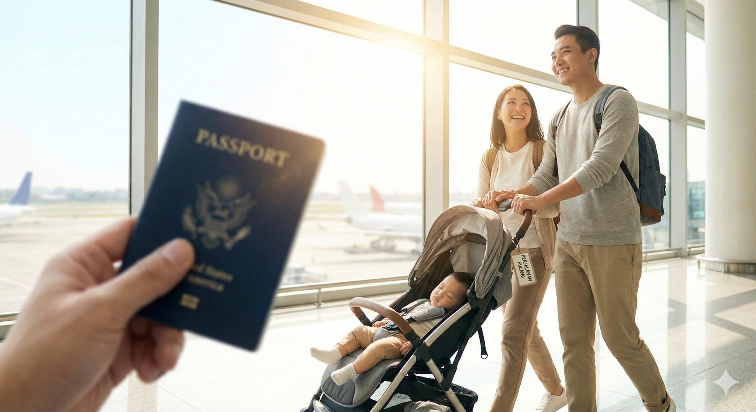 一张充满情感的机场场景图片，描绘旅程的圆满结束。一对亚洲夫妇推着婴儿车或抱着婴儿走在明亮的国际机场候机楼内，阳光透过落地窗洒入。前景特写一只手拿着一本深蓝色的美国护照，暗示宝宝的美国公民身份。人物表情轻松愉快，背景有模糊的飞机或跑道。整张图片色彩明亮高光，象征着带着孩子顺利回国（印尼）的胜利时刻，呼应文章关于带宝宝回家的解决方案。