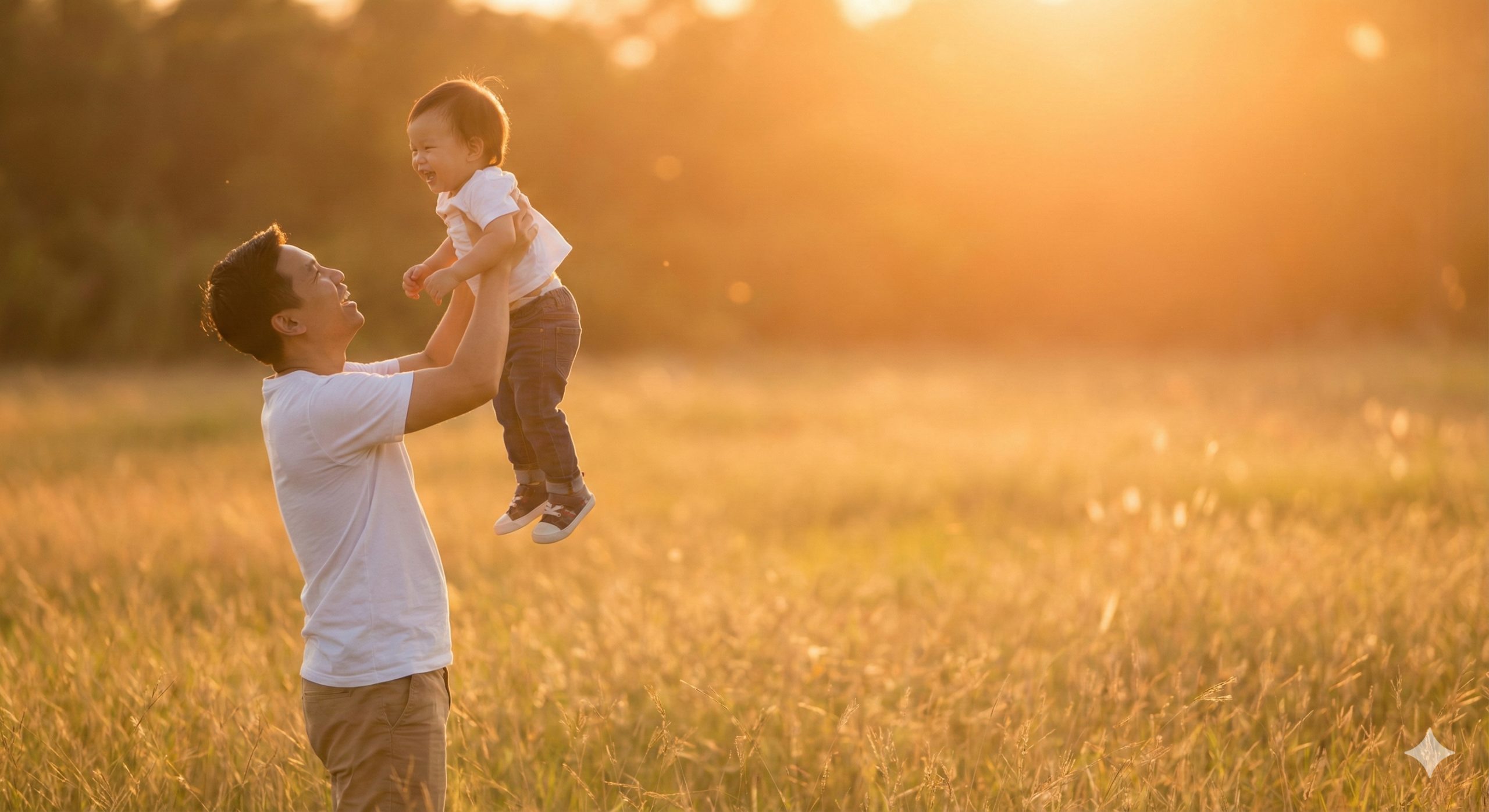 充满希望的各种族包容性生活方式摄影,展示一位快乐的亚洲父亲在夕阳下的开阔草地上高高举起幼儿,或者牵手漫步。采用逆光拍摄手法,营造出温暖的橙金色轮廓光和梦幻的光斑。画面构图右侧留有适当的负空间(Negative Space)以便在此处叠加总结性文字。这张照片旨在唤起强烈的情感共鸣,象征着代孕旅程的圆满结束以及家庭幸福光明的未来。