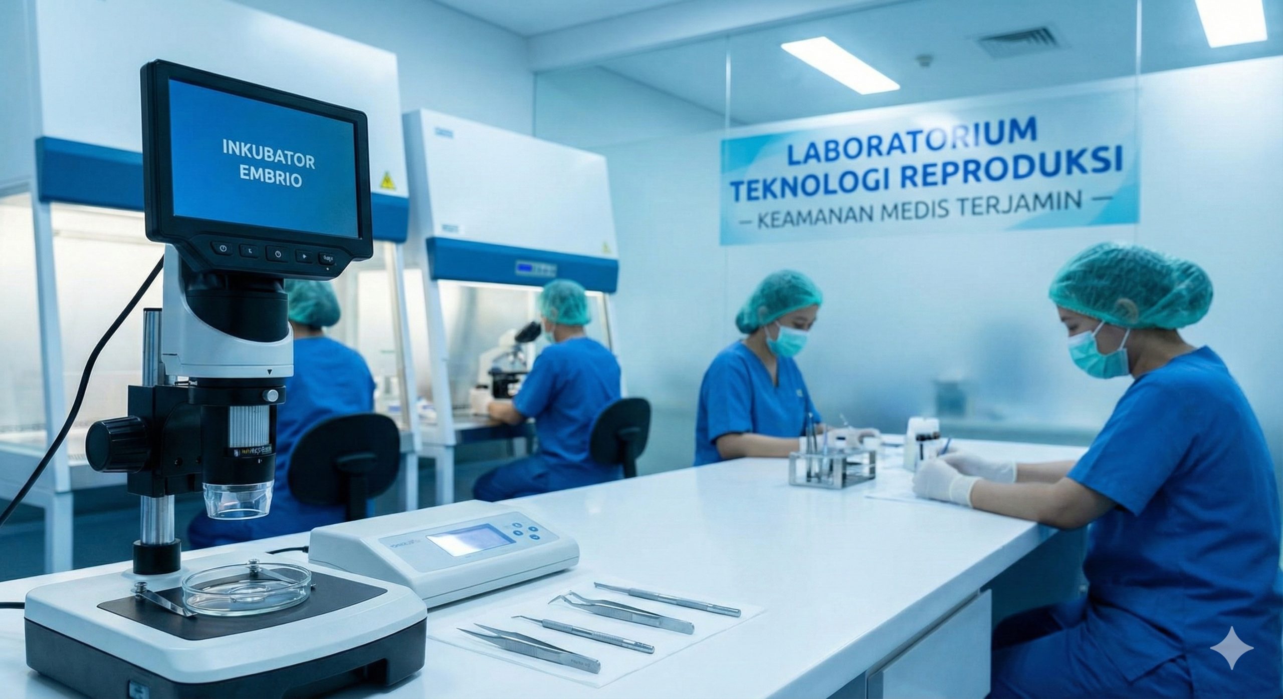 现代高科技IVF(试管婴儿)实验室的专业电影感摄影画面。前景清晰展示精密的显微镜或胚胎培养设备,背景是模糊的身穿无菌蓝色手术服的医疗专家在专注工作的身影。色调以洁净的白色和令人安心的医疗蓝为主,代表辅助生殖技术(ART)的先进性、标准化和医疗安全性,传递出科学创造生命的信任感,对应文章中关于医疗流程的介绍。