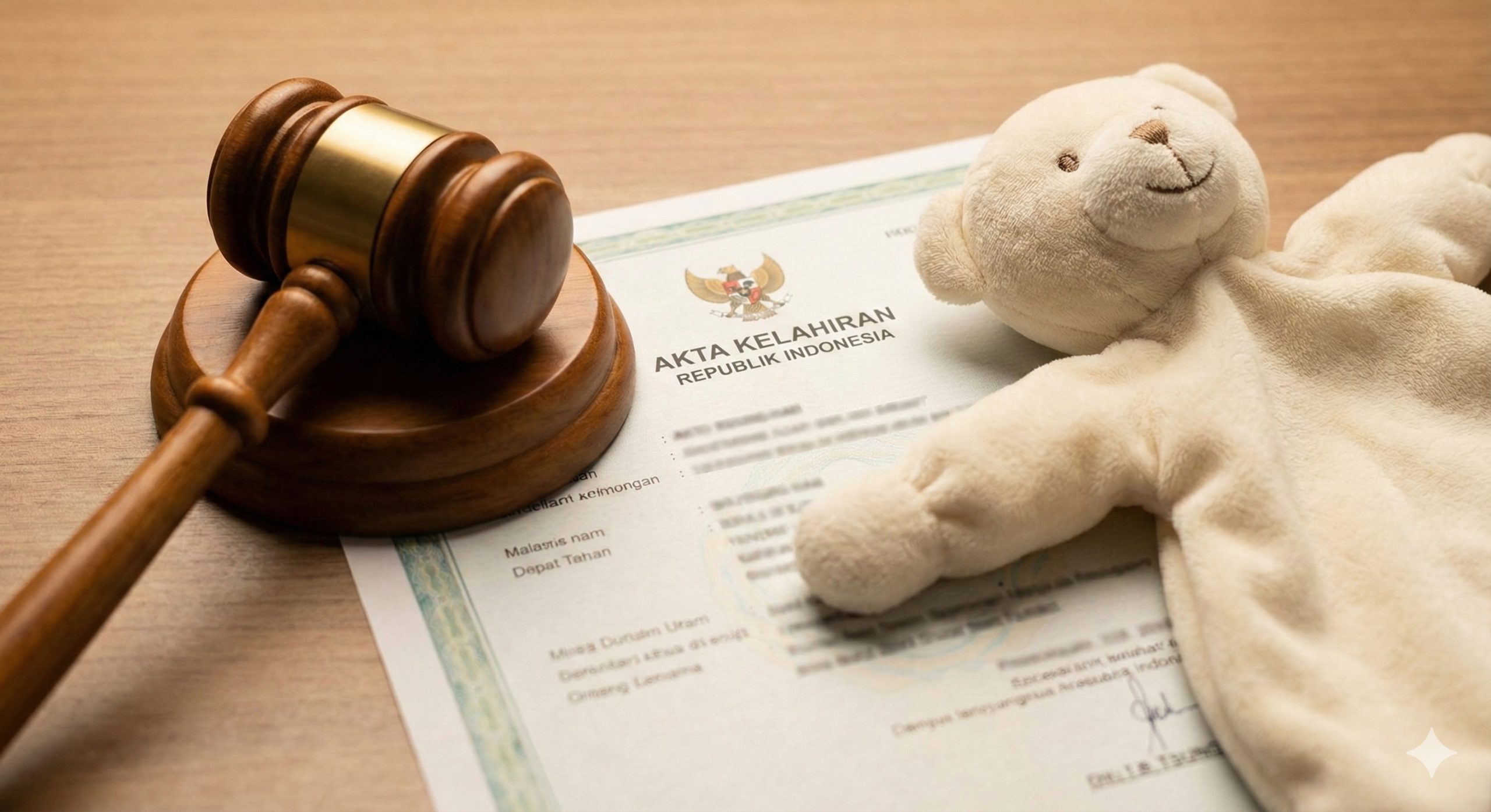 象征法律保障与家庭安全的在概念摄影。特写镜头展示一个木制的法官法槌轻轻放置在一份正式的出生证明文件旁,旁边有一只柔软的婴儿安抚玩偶。光线温暖而稳重,将法律的严谨(法槌)与新生命的柔软(玩偶)完美融合,象征着美国代孕合法的“出生前法令”(Pre-birth Order)以及平台提供的全面法律保护,消除用户的法律顾虑。