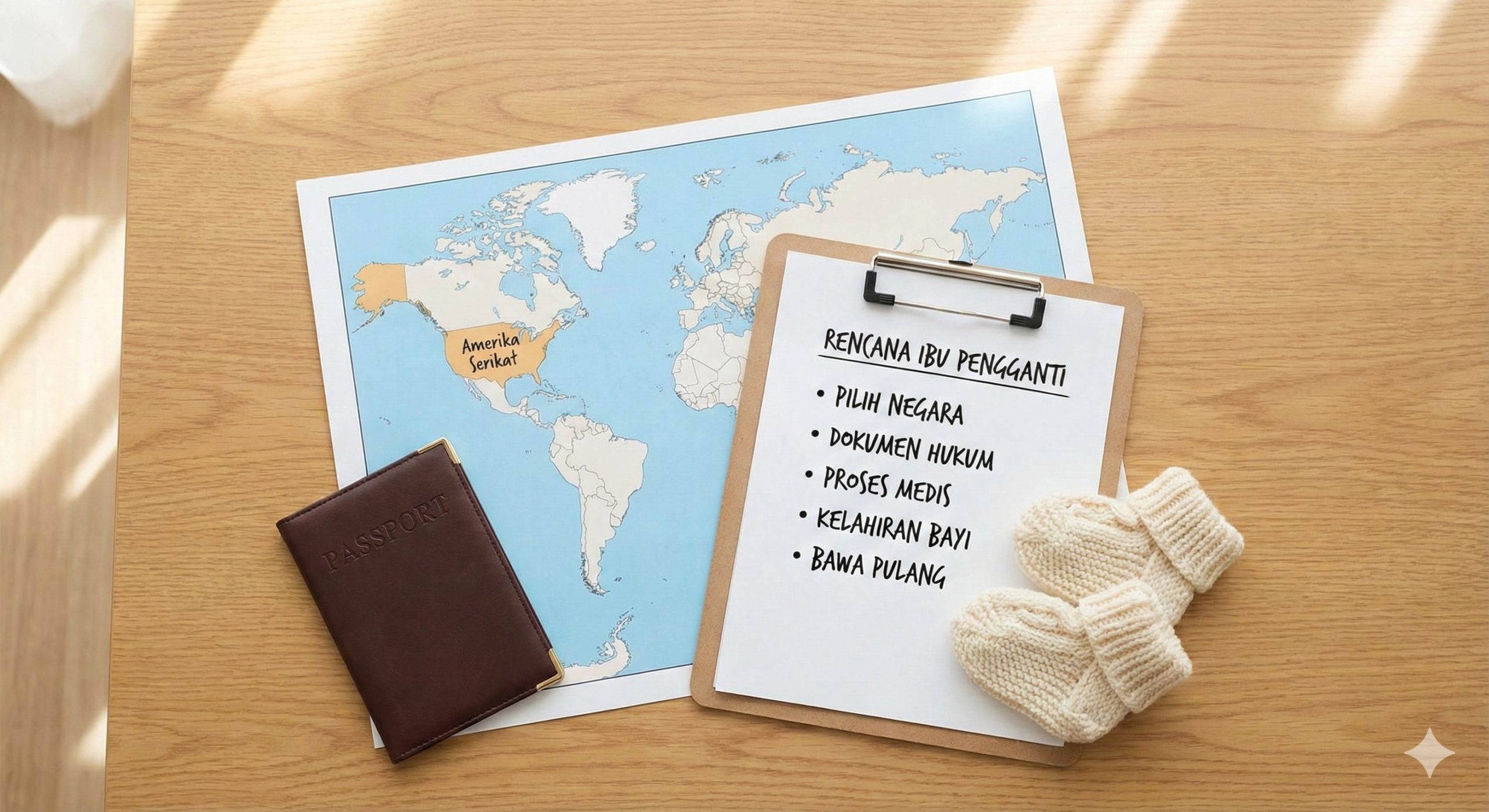 创意俯拍平铺（Flat-lay）构图，展示代孕流程的规划与准备。在干净的木质桌面上，整齐摆放着带有美国（USA）标记的世界地图、一本护照、写有'Surrogacy Plan'清单的写字板、以及一双可爱的婴儿针织鞋。光线明亮均匀，视觉化地呈现文章中提到的跨国代孕步骤，包括选择国家、法律文件处理和带宝宝回国等环节，风格简洁、条理清晰。