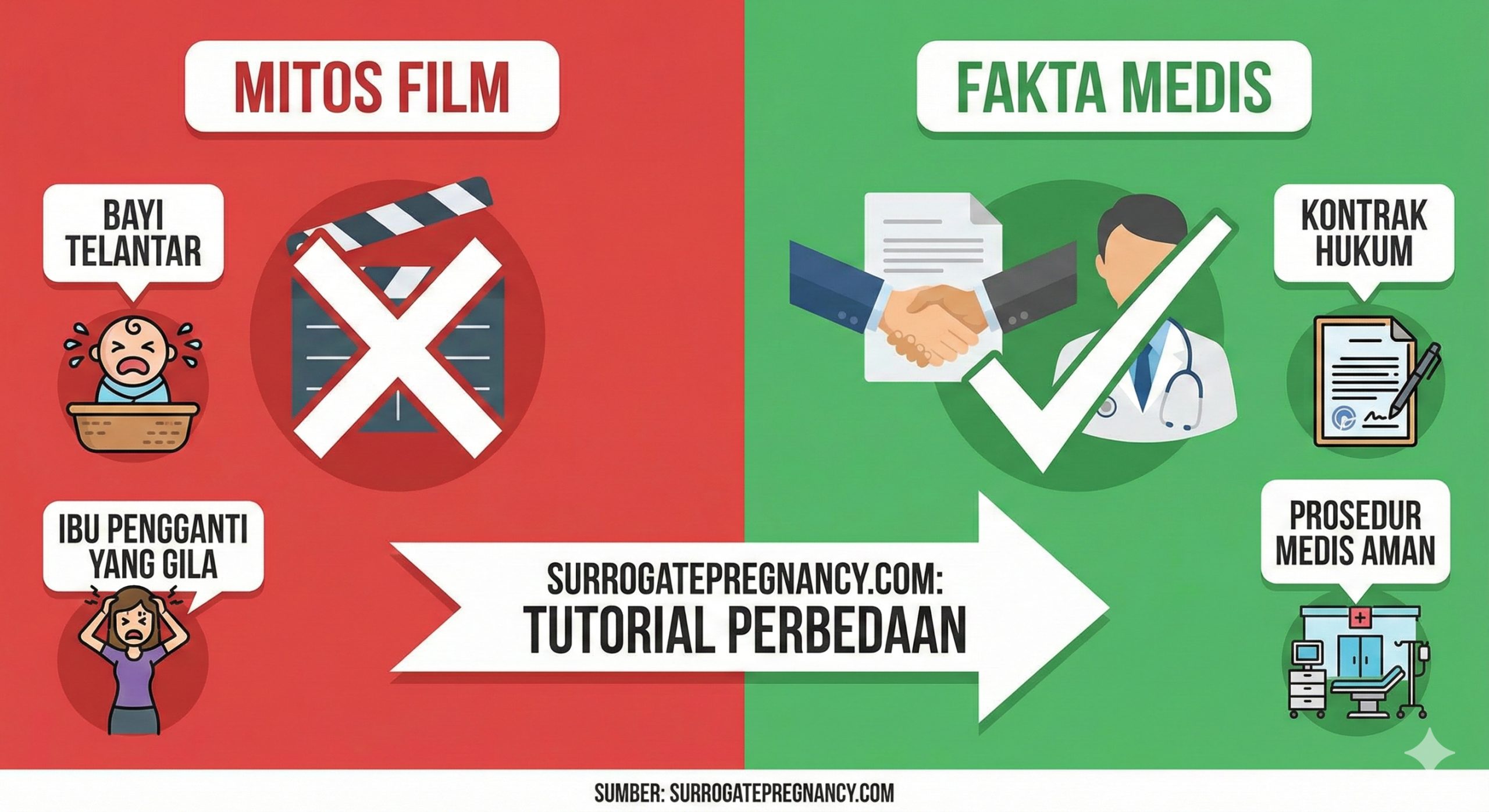 一张扁平化风格的信息图表式图片，用于直观展示'误区 vs 事实'。画面分为左右两栏，左侧标记为红色背景，画着电影胶卷和打叉的符号，代表'电影误区'（如被遗弃的婴儿、疯狂的代孕妈妈）；右侧标记为绿色背景，画着勾选符号、握手合同和专业的医生形象，代表'医疗事实'。中间使用箭头连接，视觉流向清晰，色彩对比鲜明，帮助用户快速理解代孕过程中的真实情况与电影情节的区别。