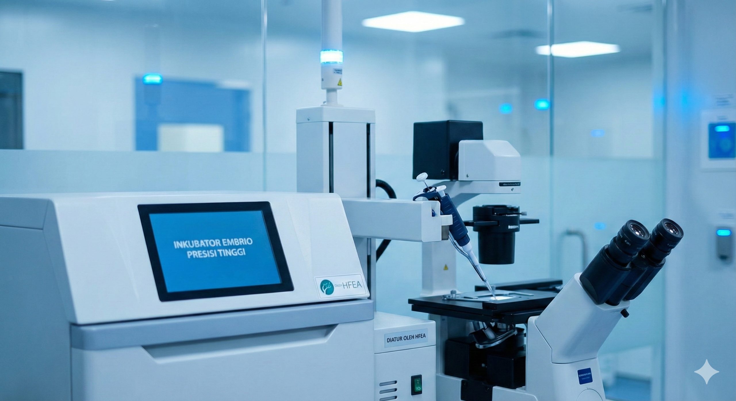 Seorang dokter di klinik IVF modern di London sedang menjelaskan prosedur transfer embrio kepada pasangan Intended Parents (WNI) menggunakan tablet.