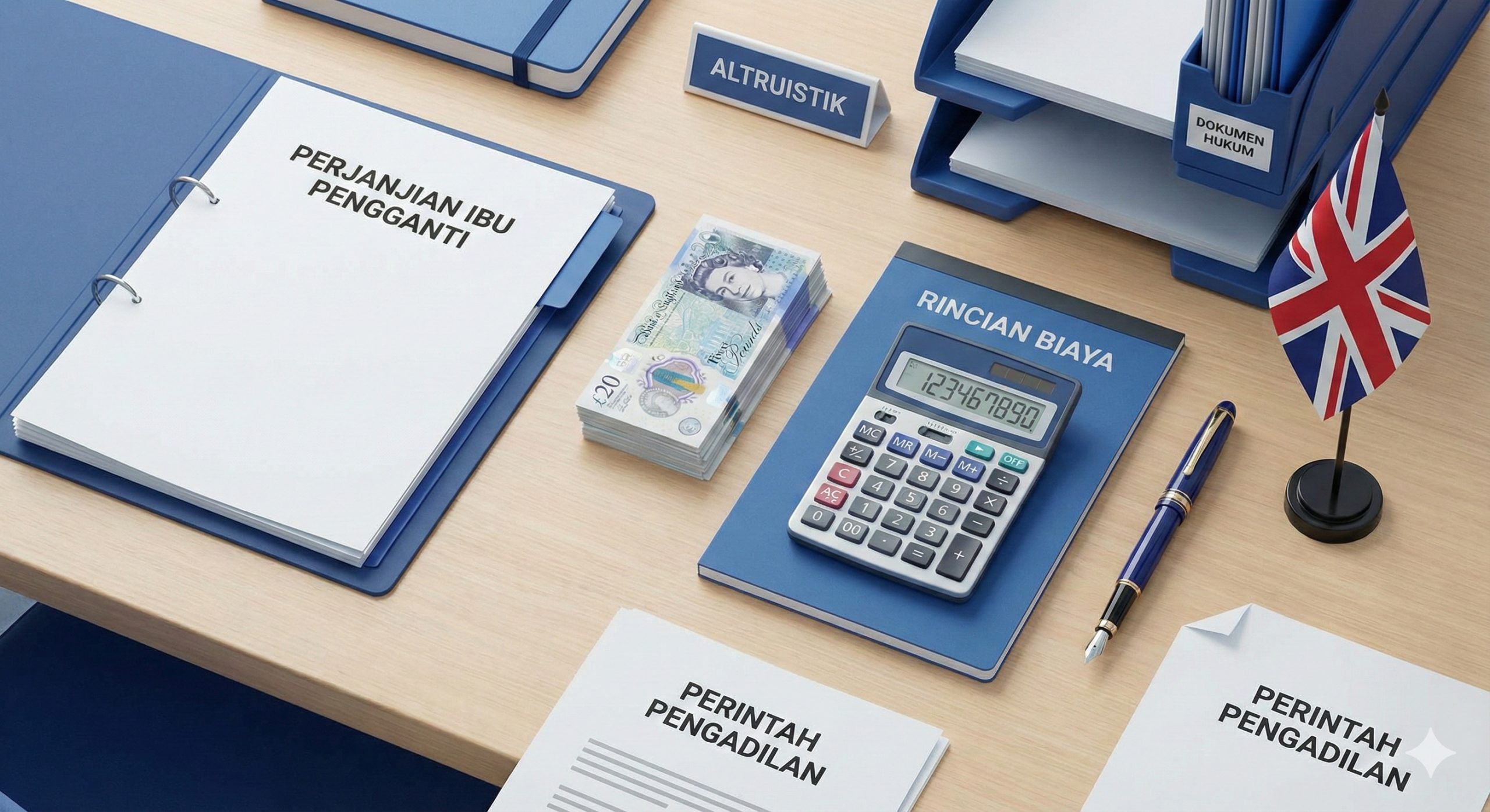 Meja kantor menunjukkan dokumen hukum 'Surrogacy Agreement' di samping tumpukan uang kertas Poundsterling dan kalkulator, melambangkan struktur biaya dan legalitas surogasi altruistik di Inggris.