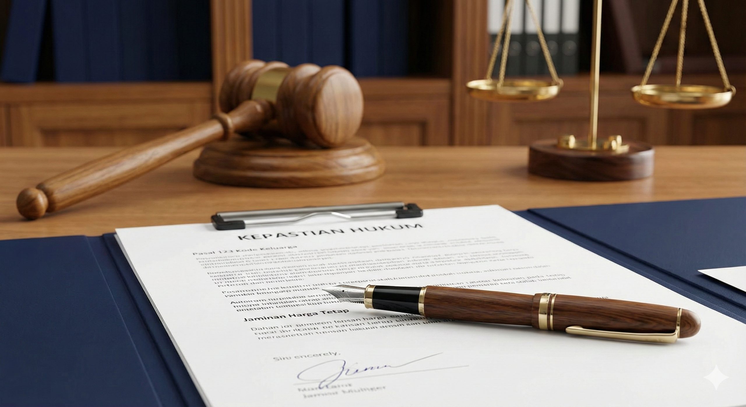 A professional image symbolizing legal certainty and transparency. Close-up of a fountain pen resting on a signed legal document or contract, with a wooden gavel or scales of justice blurred in the background. The scene represents Article 123 of the Family Code and the 'Fixed Price Guarantee'. The color palette uses trustworthy navy blues, rich wood tones, and white paper, conveying the strong legal framework and financial transparency of the program.