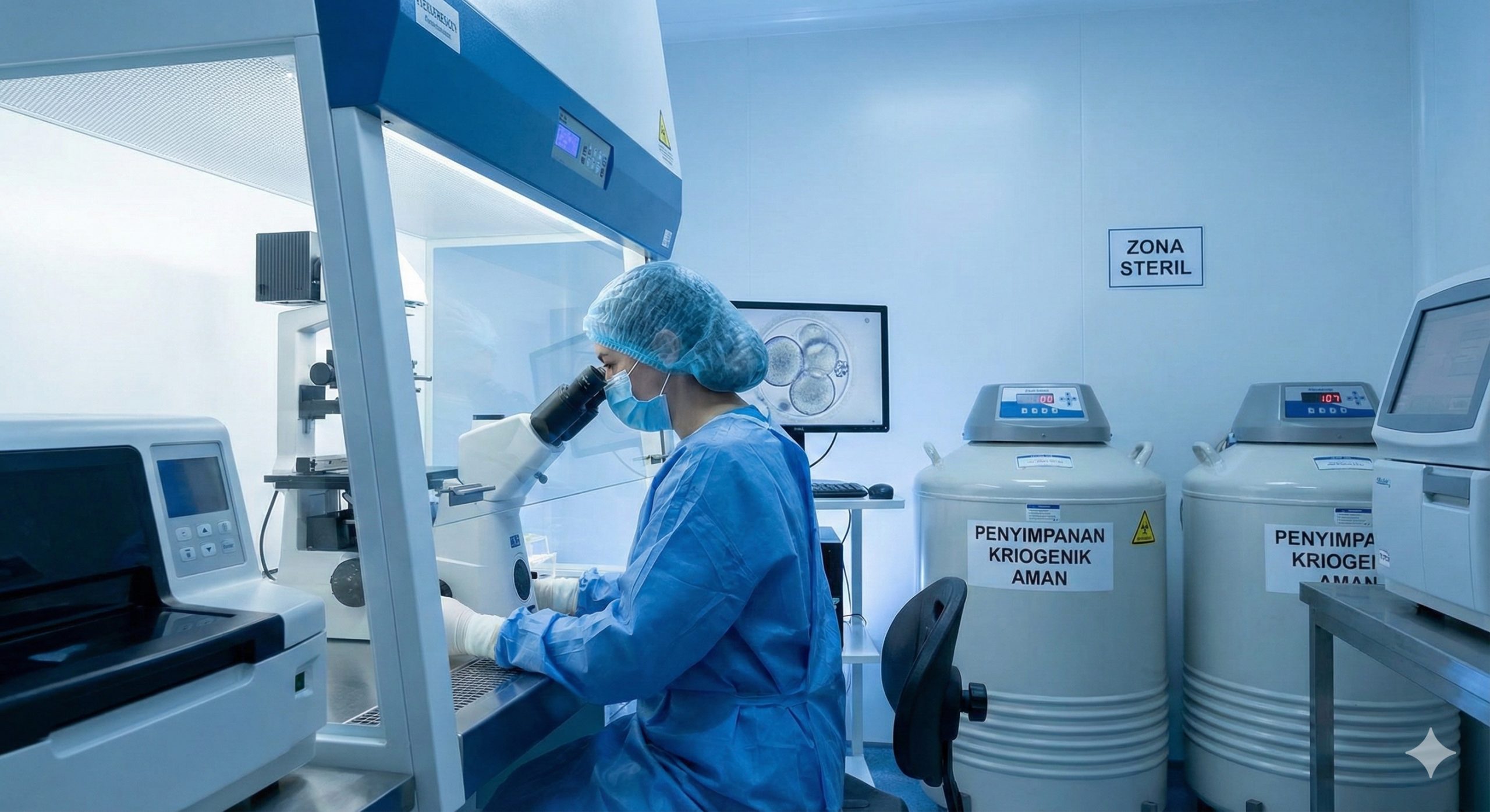 A detailed interior shot of a state-of-the-art IVF laboratory in Western Ukraine, focusing on advanced technology and safety. Shows a medical professional in sterile blue scrubs working with a high-tech microscope. In the background, secure cryogenic storage tanks are visible, emphasizing the safety of embryos and genetic material mentioned in the text (bunkers/generators). Lighting is cool, sterile white and blue to convey clinical excellence and strict security protocols.