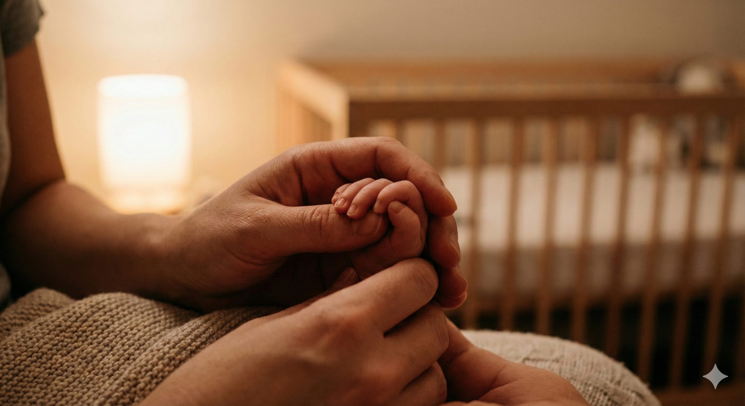 情感充沛的总结性图片，展示家庭圆满的瞬间。特写镜头捕捉父母的手指轻轻握住新生儿的小手或小脚，皮肤质感细腻真实。背景是温暖的室内柔光，可能带有模糊的婴儿床轮廓。整体色调为暖黄色和柔和的肤色，充满爱意与宁静。这张图片旨在激发观众的情感共鸣，象征代孕旅程的成功终点，画面极具感染力且完全无文字。