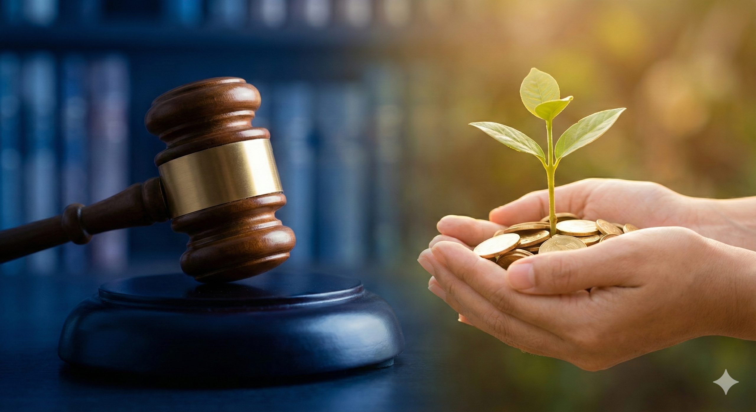 一张富有象征意义的概念图，展示法律保护与成本效益的平衡。画面一侧是一个象征法律公正的木槌，另一侧是一个呵护着嫩芽的双手或象征储蓄的金色硬币堆，寓意在法律保障下的高性价比服务。背景采用柔和的虚化处理，突出主体。色彩使用稳重的深蓝色与金色搭配，传达权威性与价值感，构图平衡和谐，视觉上直观传达核心优势，无文字。