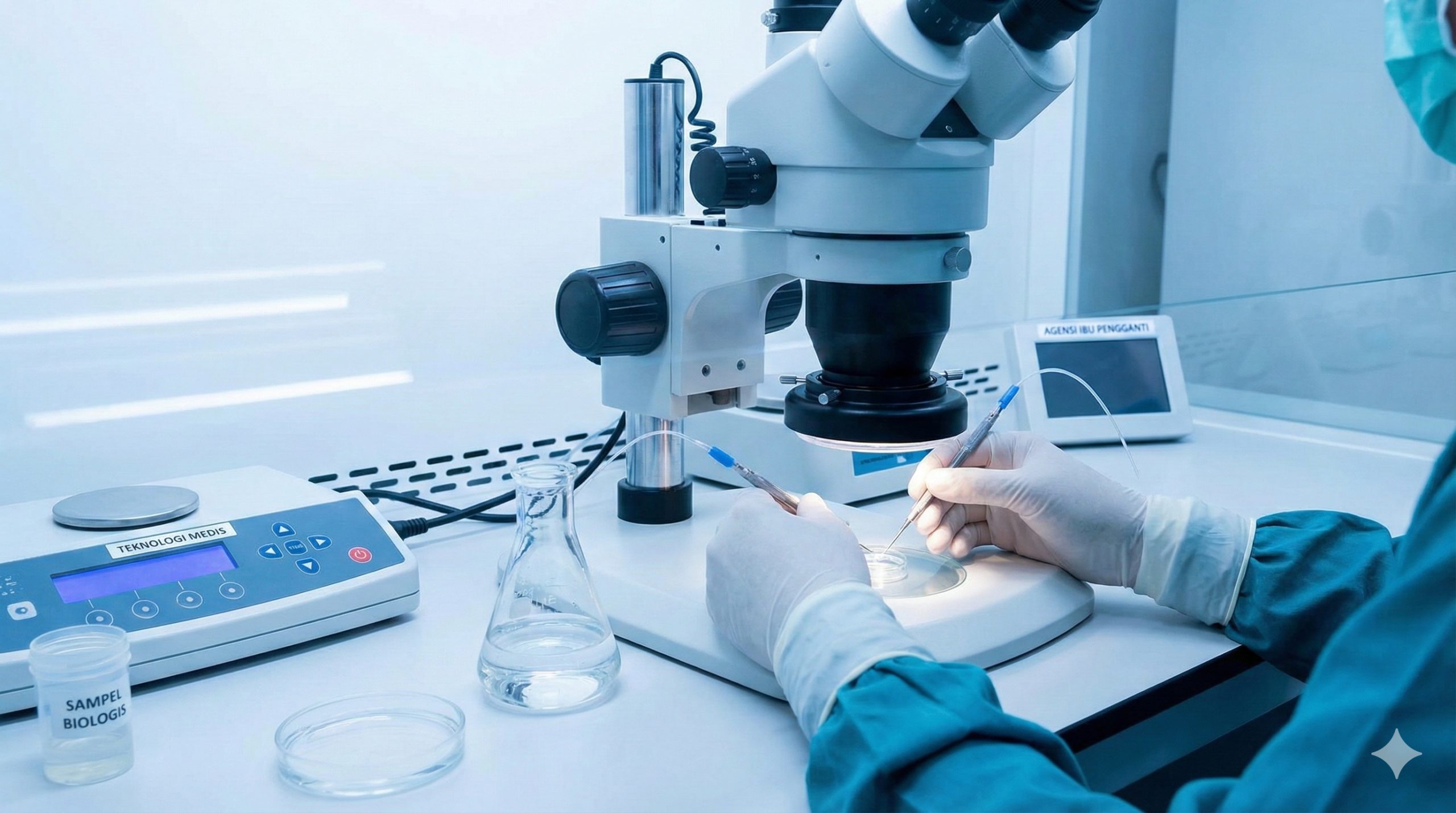 展示世界级医疗标准的特写摄影图。画面聚焦于高科技IVF实验室内的精密显微镜和无菌操作台，色调以临床白和科技蓝为主。可以看到一位穿着防护服的胚胎学家戴着手套的双手正在进行精细操作，玻璃器皿在灯光下折射出干净的光泽。构图强调科学严谨性与安全性，体现乌克兰代孕机构的顶尖技术实力，画面干净无杂物，无文字干扰。