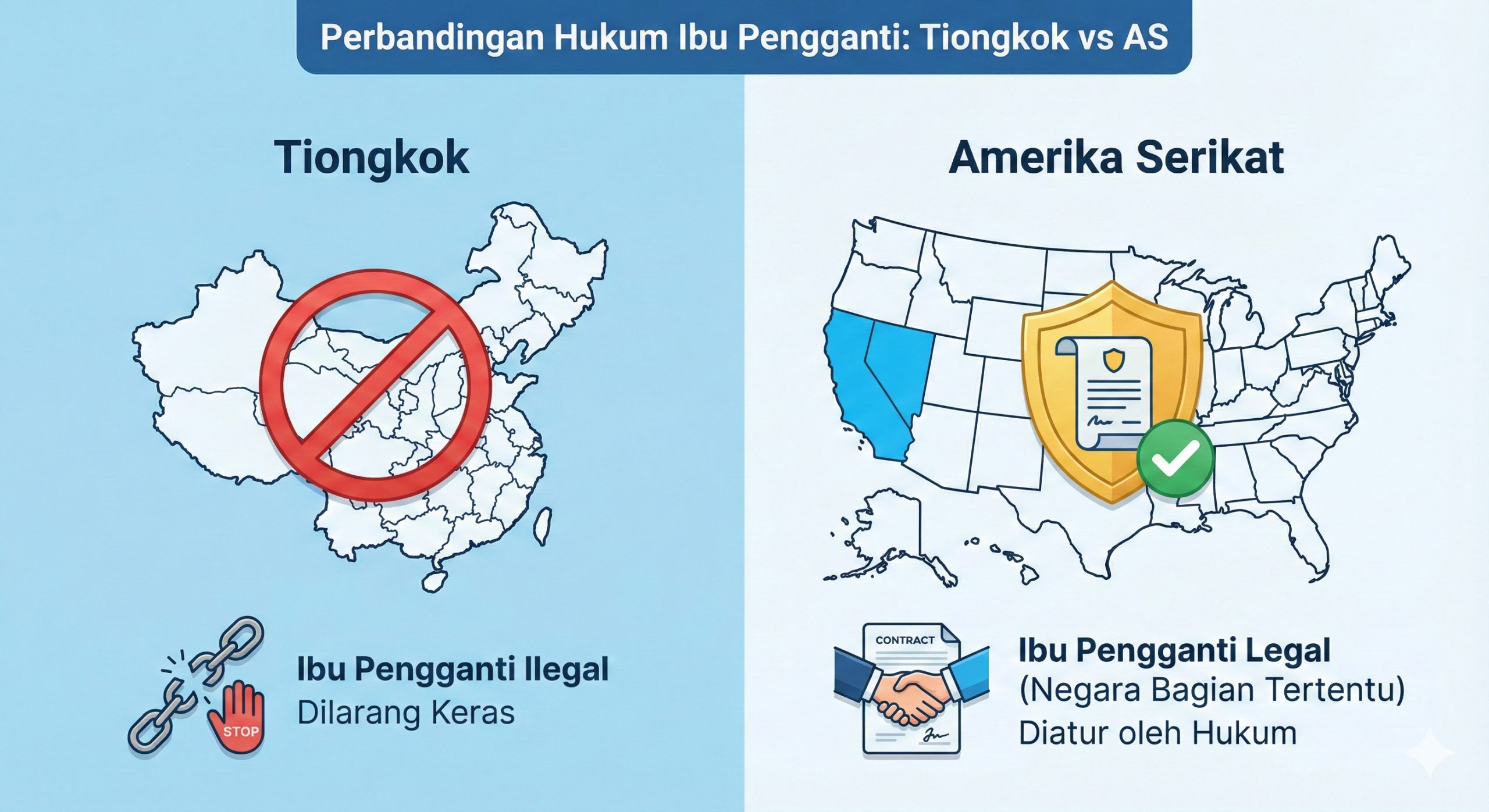 清晰的扁平化或微立体风格的对比图,用于解释中美代孕法律差异。画面左侧展示中国地图轮廓配以禁止符号,右侧展示美国地图(特别是加州或内华达州)配以合法的法律盾牌图标或宪法文件。背景简洁干净,使用蓝色和白色为主色调,体现法律条款的严谨性与专业度,辅助文章解释法律界限。