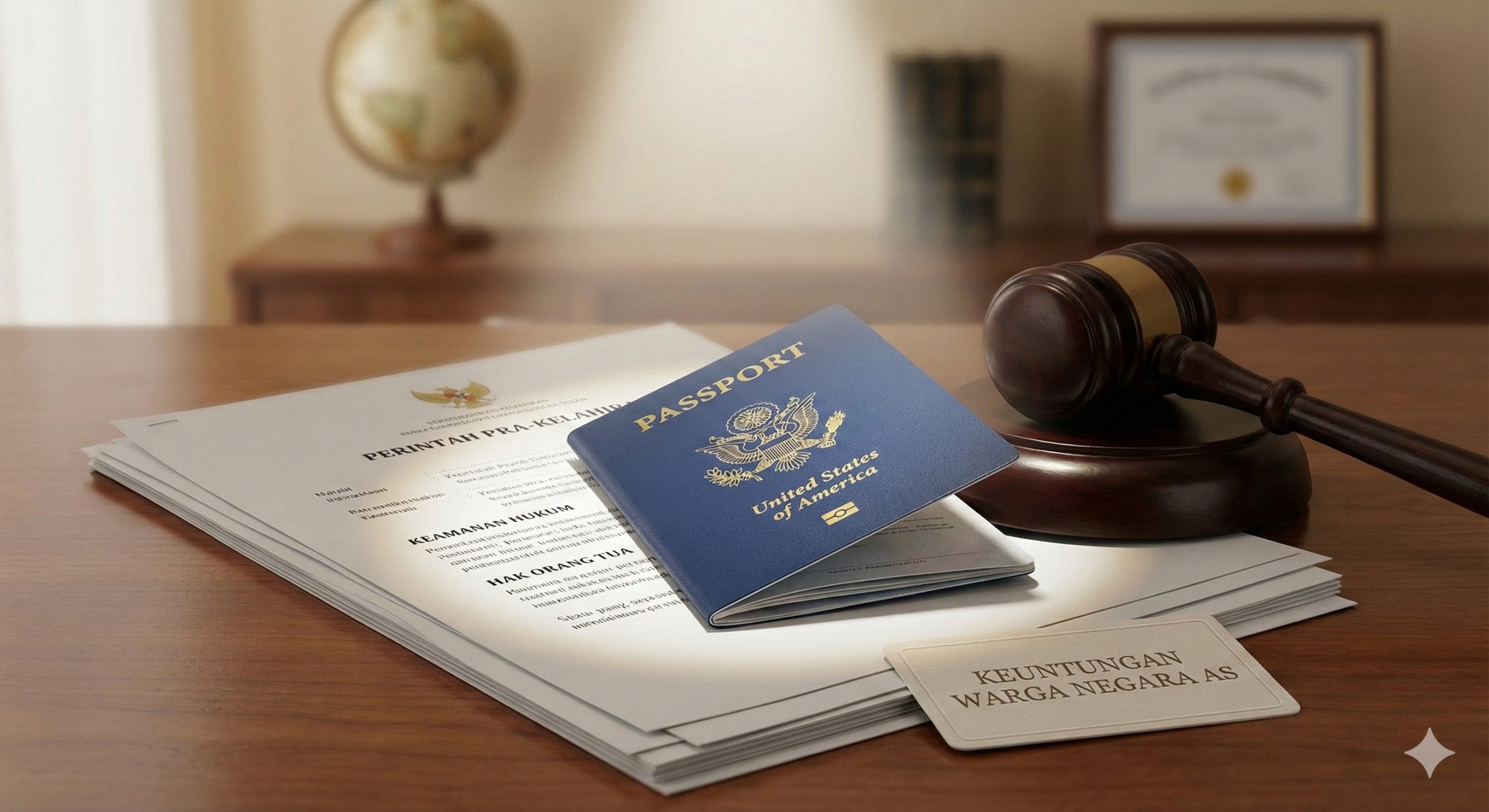 一张高清晰度的写实静物特写,聚焦于美国代孕的核心优势——法律安全与公民权。画面中心是一本蓝色的美国护照,放置在一份正式的法律文件(出生前法令/Pre-birth Order)和一只木质法槌旁边。柔和的聚光灯突显护照上的金色字体。背景干净、虚化,象征着法律保护、无风险的亲权归属以及孩子自动获得的美国国籍优势,体现“投资未来”的概念。