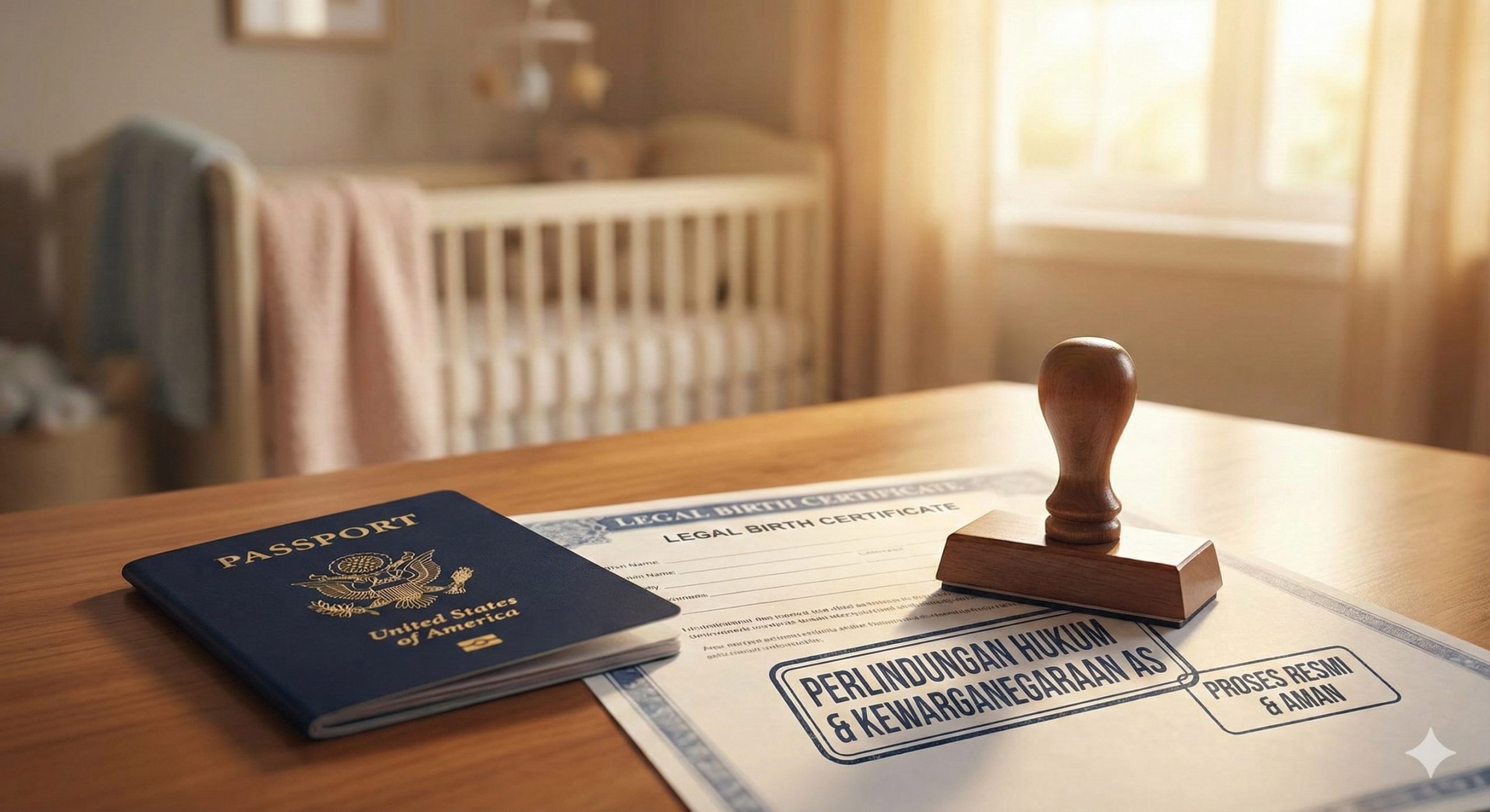 一张特写风格的优势展示图片，聚焦于法律文件和身份保障。画面前景清晰地展示一本美国护照或出生证明文件的概念图，背景虚化处理，隐约可见温馨的婴儿房或医院环境。光线温暖柔和，营造出安全感和信任感。图片旨在强调在海外合法代孕能获得的法律地位确权（Pre-birth order）和国籍优势，消除客户对法律风险的担忧。