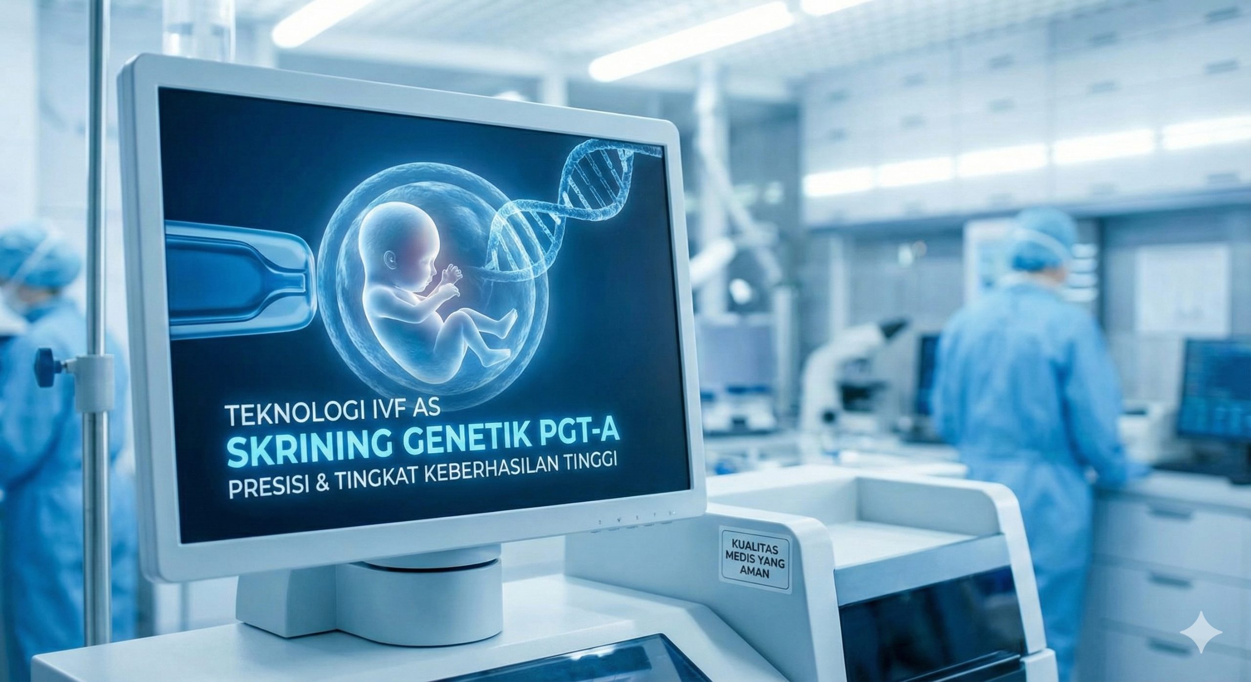 展示美国世界级辅助生殖技术的特写图片。画面中心是一个高科技的现代化无尘实验室场景，透过显微镜的视角展示一个完美的胚胎或DNA双螺旋结构，象征PGT-A基因筛查技术。光线明亮洁净，以医学蓝和纯白为主色调，传递出科学、精准和高成功率的视觉信息，强调医疗质量的安全性。