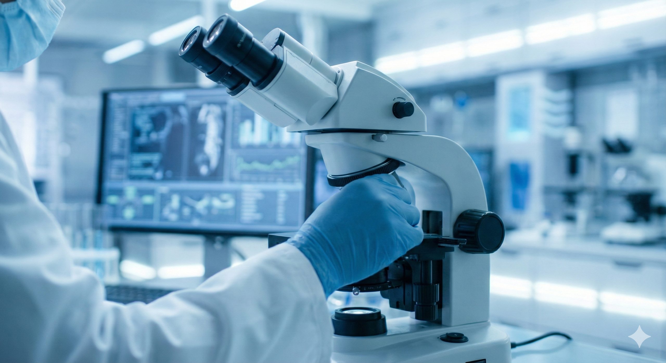 一张展现美国顶尖辅助生殖技术（ART）的专业医学图片。特写镜头展示无菌实验室环境，画面中是一台高端显微镜和正在操作的戴手套的科研人员手部（模糊背景）。背景中有高科技显示屏显示着基因序列或胚胎监测数据，象征PGT-A基因检测技术。色调以临床蓝和纯白为主，强调洁净、精准和科技感，体现文章中提到的“黄金标准”医疗安全性和高成功率。