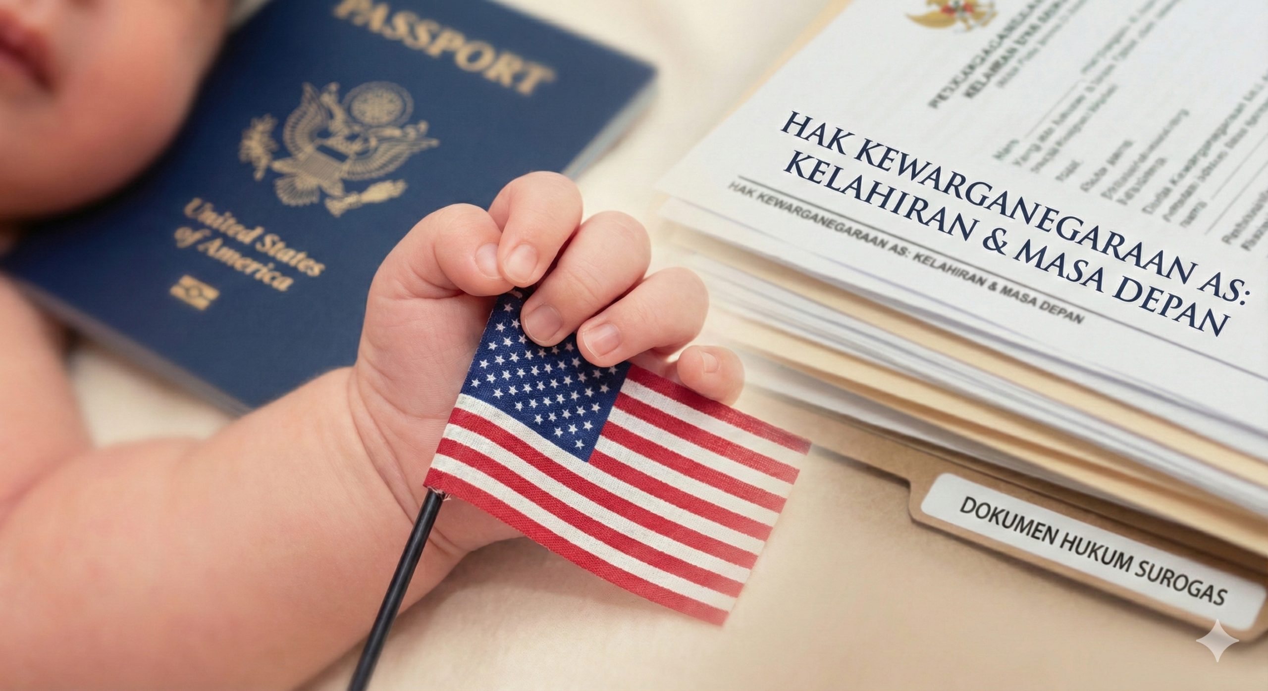 一张充满温情与法律权威感的封面图片。画面中心是一个刚出生的婴儿的小手，轻轻握着一面小型的美国国旗，背景模糊地展示了一本蓝色的美国护照和法律文件。光线柔和温暖，营造出希望与安全的氛围。色调以美国国旗的红、白、蓝为主，但经过柔化处理，不刺眼。构图聚焦于婴儿的手和国旗，象征着落地公民权（Jus Soli）赋予的与生俱来的权利，适合用作文章首图。