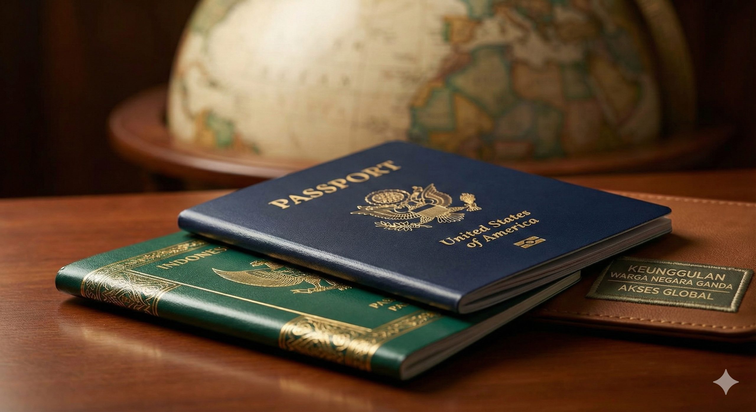 特写镜头展示双重国籍或国际旅行的优势。画面中叠放着两本护照,上面是一本蓝色的美国护照,下面是一本绿色的护照(代表印度尼西亚或其他国家),背景是一个模糊的地球仪或世界地图。光线聚焦在护照的金烫字上,体现高价值感。图片传达出代孕宝宝未来拥有的全球通行自由和教育医疗优势,风格高端大气。