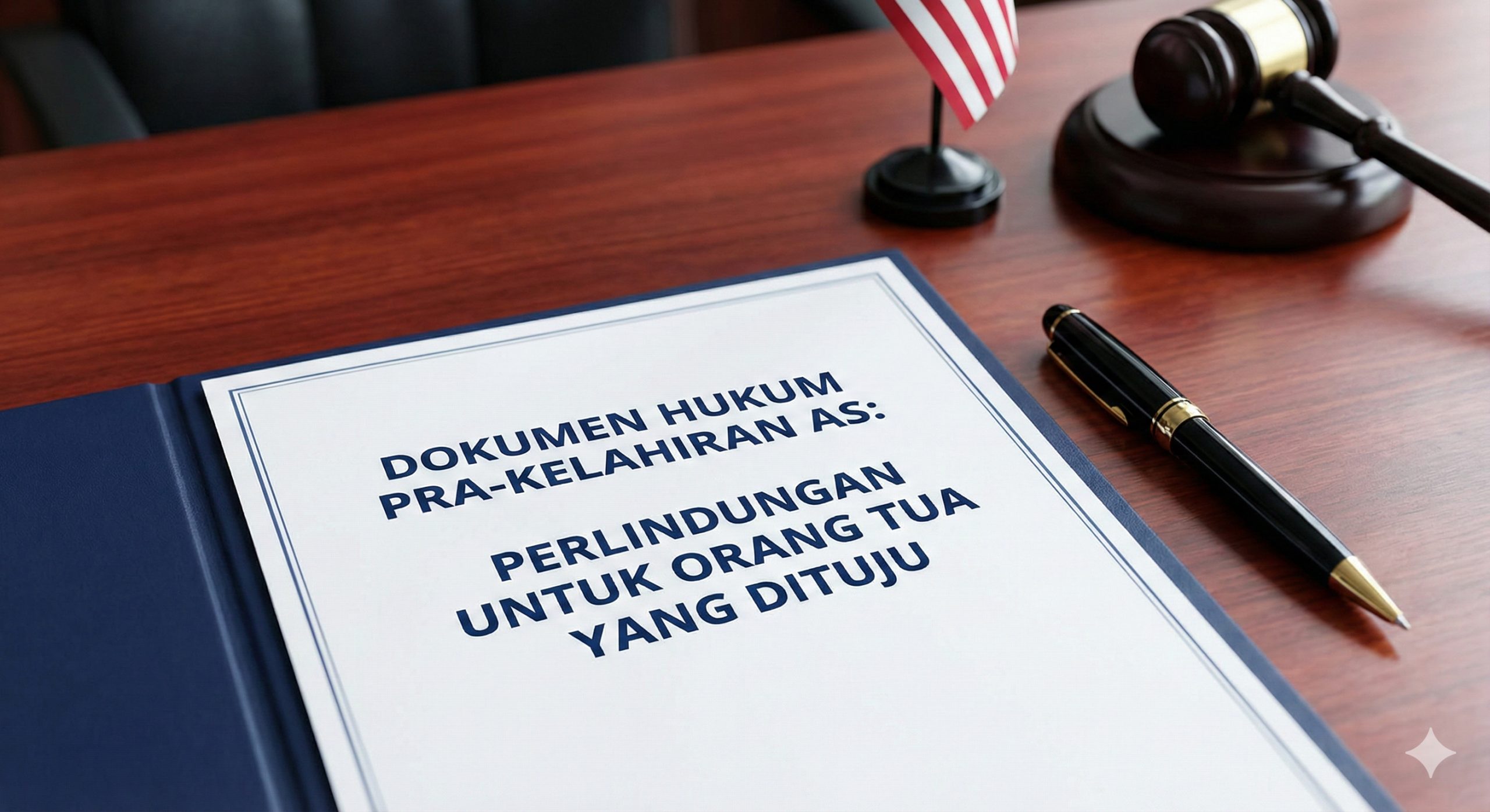 展示美国代孕法律保护特性的高质感特写图。画面聚焦在一张高级红木办公桌上，一份正式的法律文件（Pre-Birth Order）平铺展开，旁边放着一只高档签字笔。画面背景中巧妙融入美国国旗的元素（如桌旗或律师徽章），象征美国法律的管辖权。整体色调为稳重的海军蓝与白色，强调法律契约的严谨性、不可侵犯性以及对准父母权益的绝对保护。