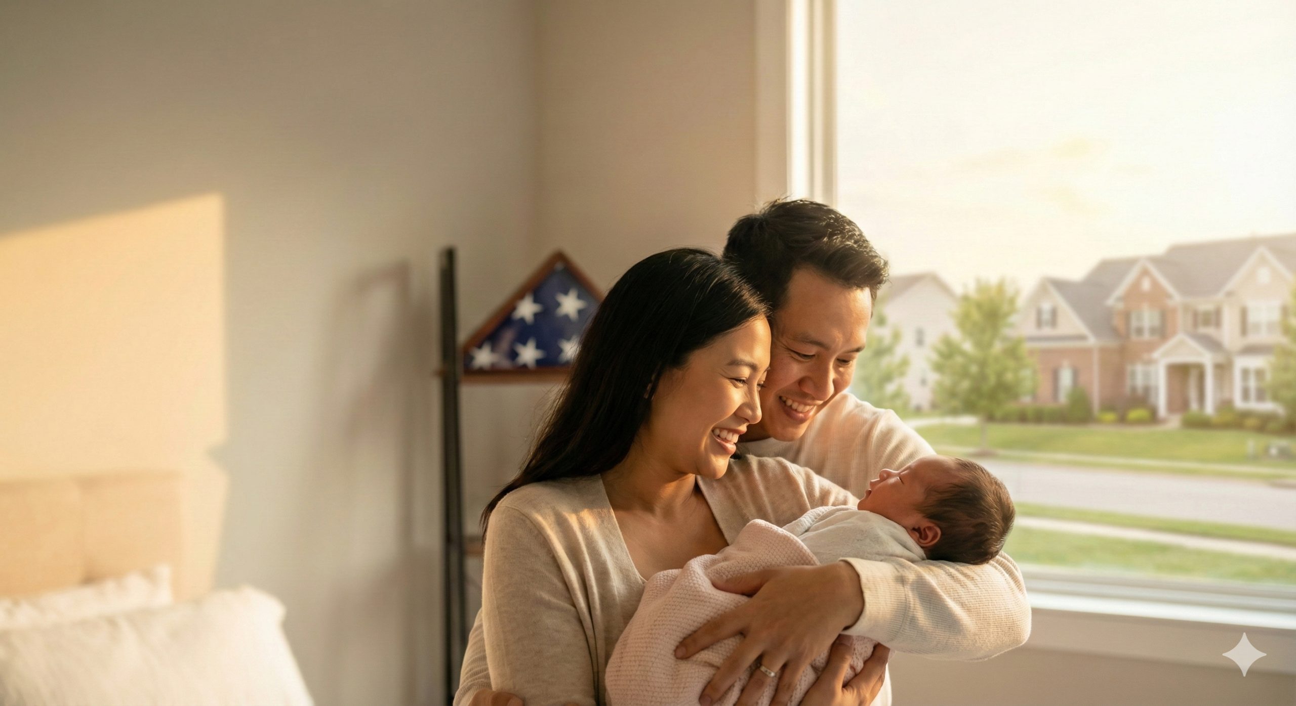 一张温馨且高端的摄影风格图片,展示一对亚洲面孔的夫妇(目标受众为印尼人)在美国现代家居环境中幸福地抱着新生儿。背景模糊处理,隐约可见美国国旗元素或典型的美式郊区建筑风格,暗示地点在美国。光线柔和温暖(黄金时刻),营造出充满希望、情感丰富且奢华的氛围。图片构图留有适当的负空间以便添加标题文字,体现“美国代孕”作为家庭梦想实现的黄金标准。
