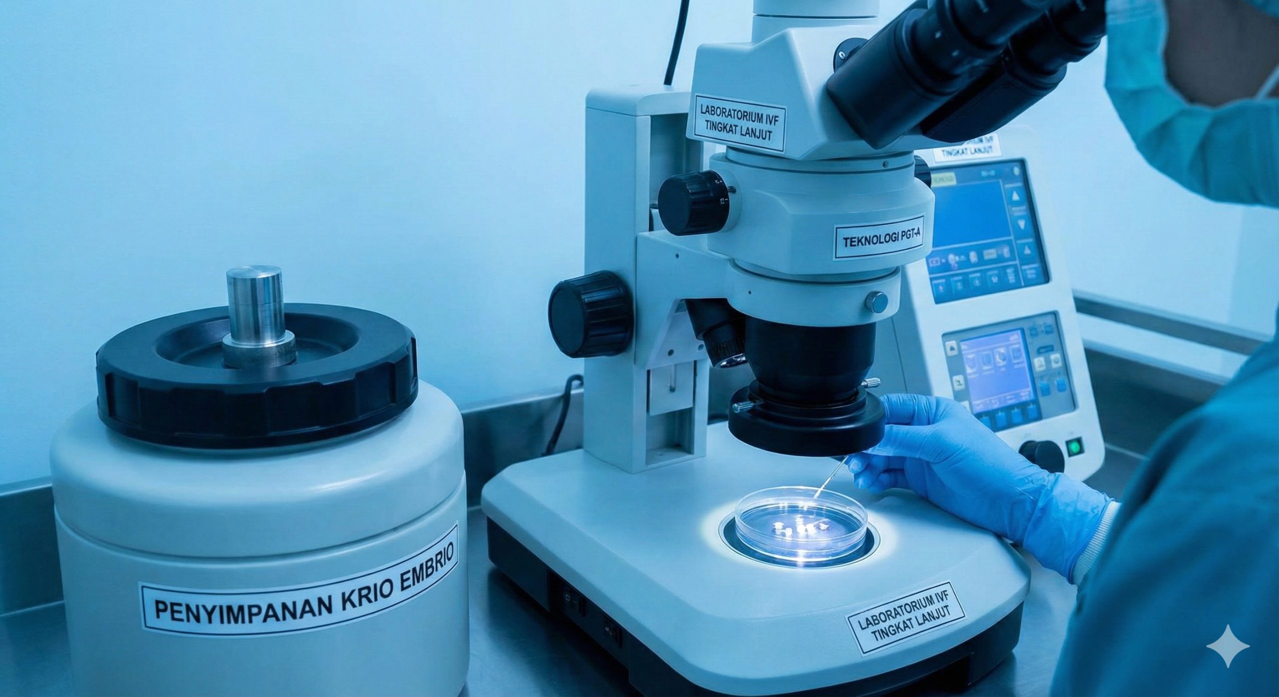特写镜头展示高科技生殖医学实验室的内部，重点突出显微镜操作或胚胎冷冻存储设备，暗示湘雅医院（Xiangya Hospital）级别的顶尖医疗设施。画面风格干净、无菌、精密，光线采用冷色调的科技蓝，通过微距摄影展示试管或培养皿的细节，体现第三代试管婴儿（PGT-A）技术的先进性和科学严谨性。