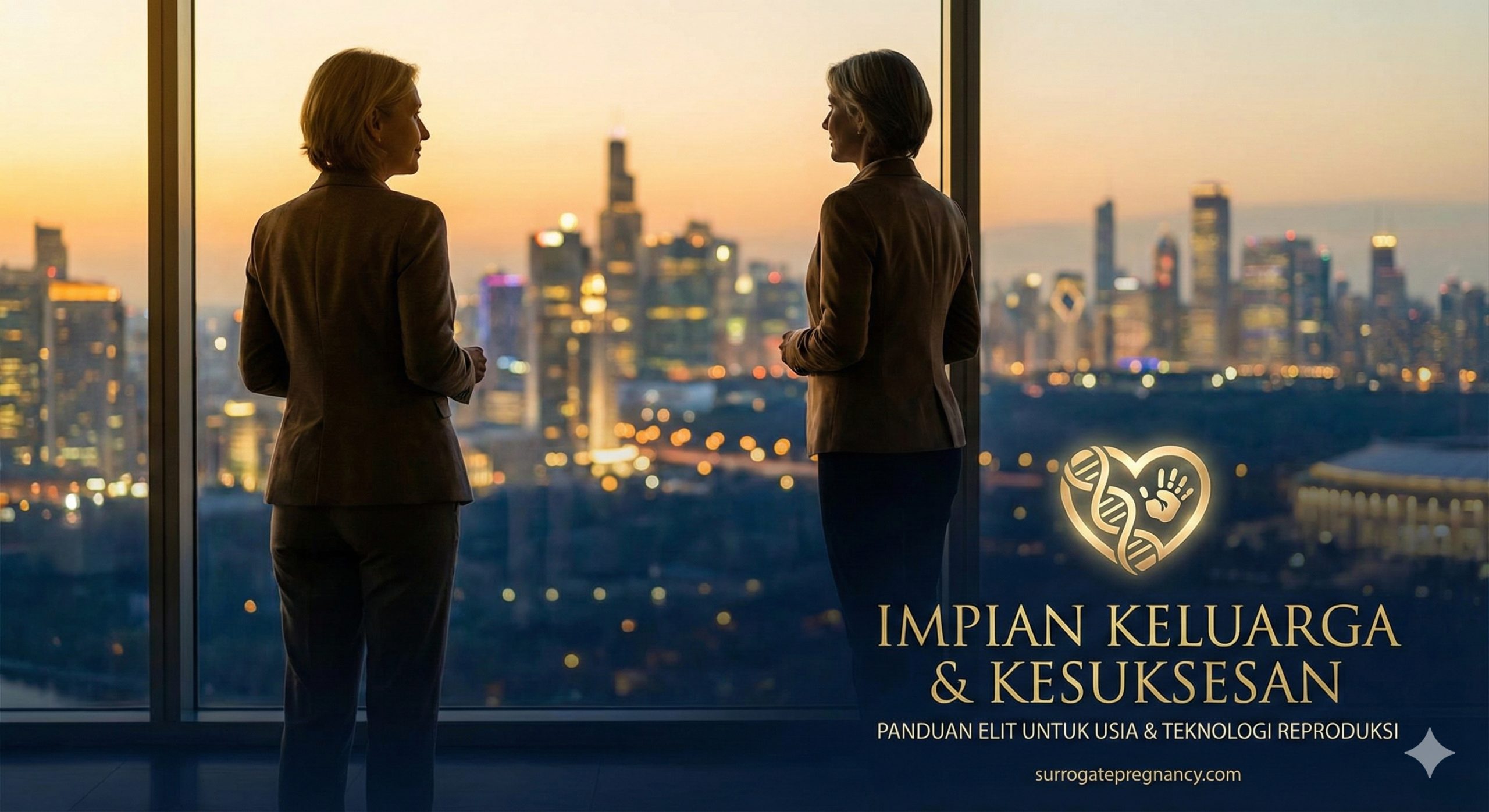 图片的主题是“成功、年龄与家庭梦想”。画面以一位身着优雅商务装、成熟自信的女性剪影（象征Yu Wenhong或成功女性）为前景，她正凝视远方或一个温暖的光源。背景是模糊的国际城市天际线，暗示“海外”和“精英”。右下角或左下角有一个抽象的、由两条DNA链或心形图案环绕的婴儿手印，象征代孕与高科技生殖。整体色彩风格应是奢华、温暖的金色调和深蓝色的组合，突出高端和希望感。