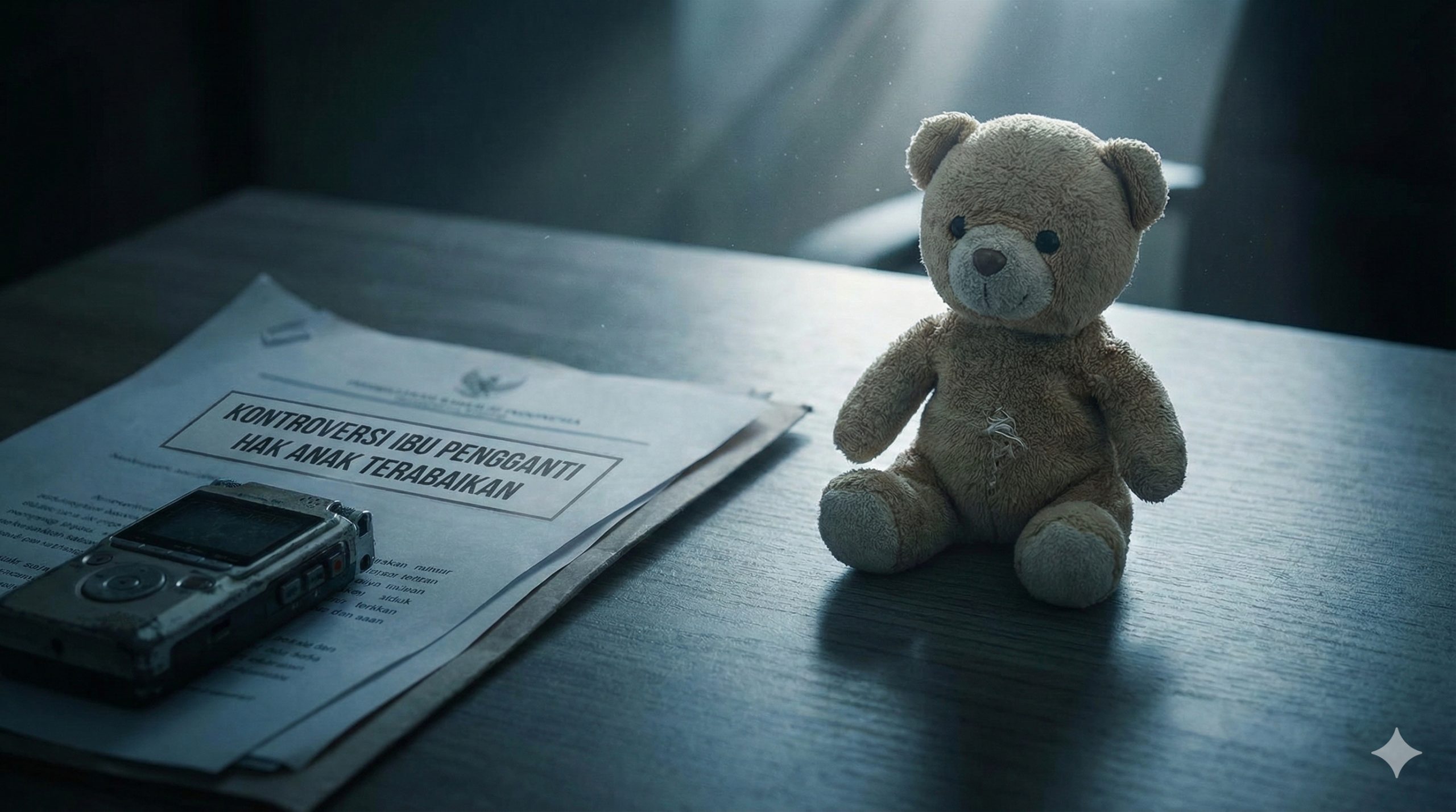 特写视角的概念图,展示一张放置在冷色调桌面上的法律文件或录音设备(暗示录音门事件),旁边是一个孤单的婴儿毛绒玩具。光线采用侧逆光,营造出一种压抑但引人深思的氛围,视觉焦点集中在被遗忘的玩具上,隐喻文章中提到的'弃养'与'伦理缺失'问题,突出儿童权益受损的主题。