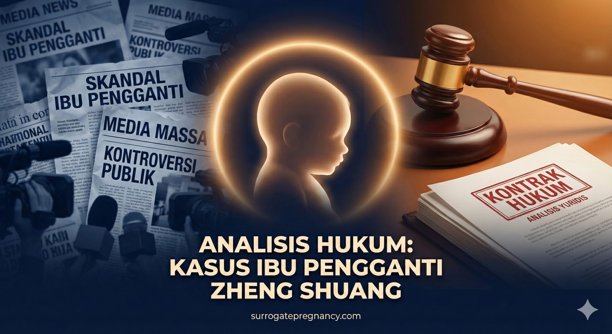 Gambar采用分屏构图设计，一边是模糊的新闻报纸和麦克风剪影，代表郑爽代孕丑闻的媒体风暴；另一边是清晰聚焦的木质法槌和一份盖有'Legal Contract'印章的文件，象征法律的严肃性。画面中央是一个柔和的婴儿剪影，被温暖的光晕包围，暗示在法律与舆论背后无辜的生命。色调采用深海军蓝（代表法律）与柔和琥珀色（代表希望）的对比，风格专业且具有深度，适合作为深度分析文章的封面。